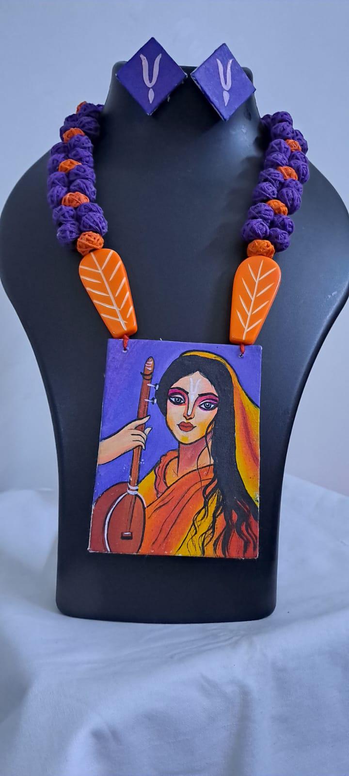 Handpainted fabric necklace set with earrings