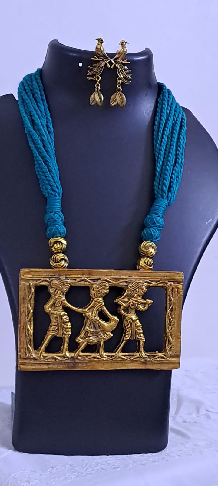 Sea green thread necklace set with dokra pendant n matching earrings