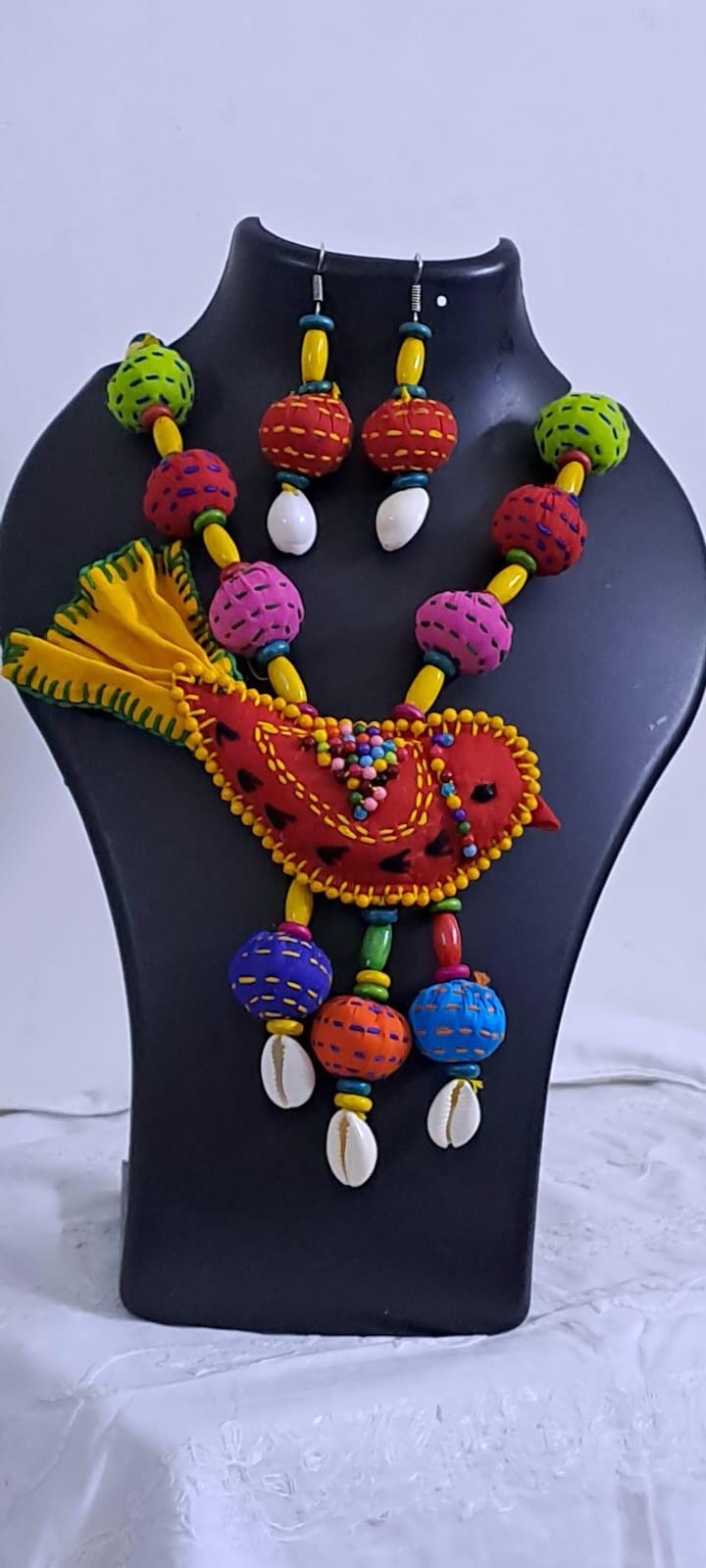 Exclusive fabric necklace with embroidered red fabric bird pendant and fabric beads n matching beads