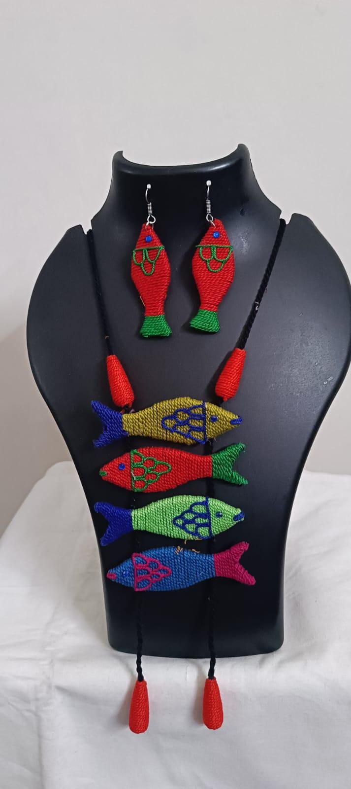 Multi colour crochet thread necklace with fish pendant and matching thread earrings