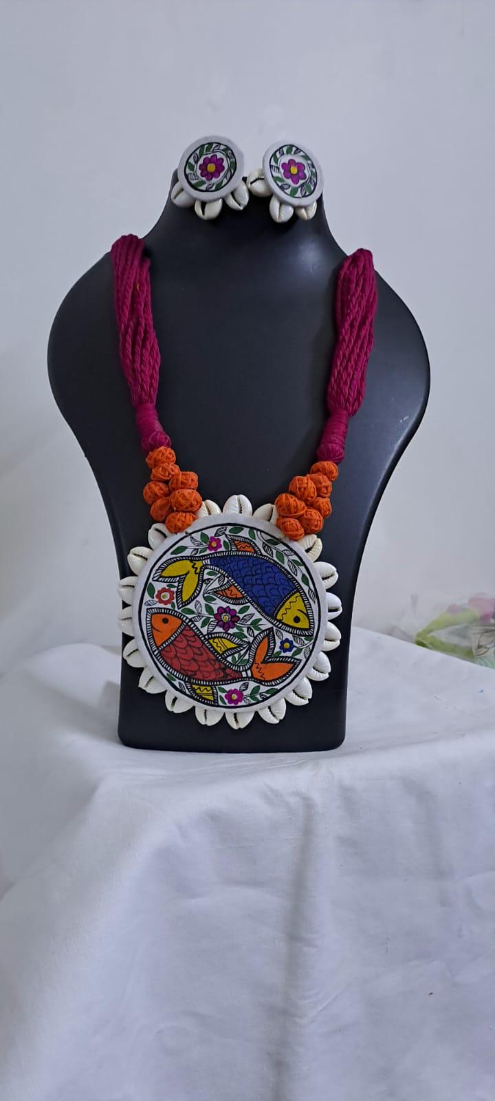 Handpainted fabric jewellery set with matching earrings