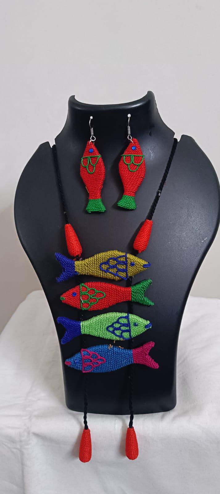 Multi colour crochet thread necklace with fish pendant and matching thread earrings