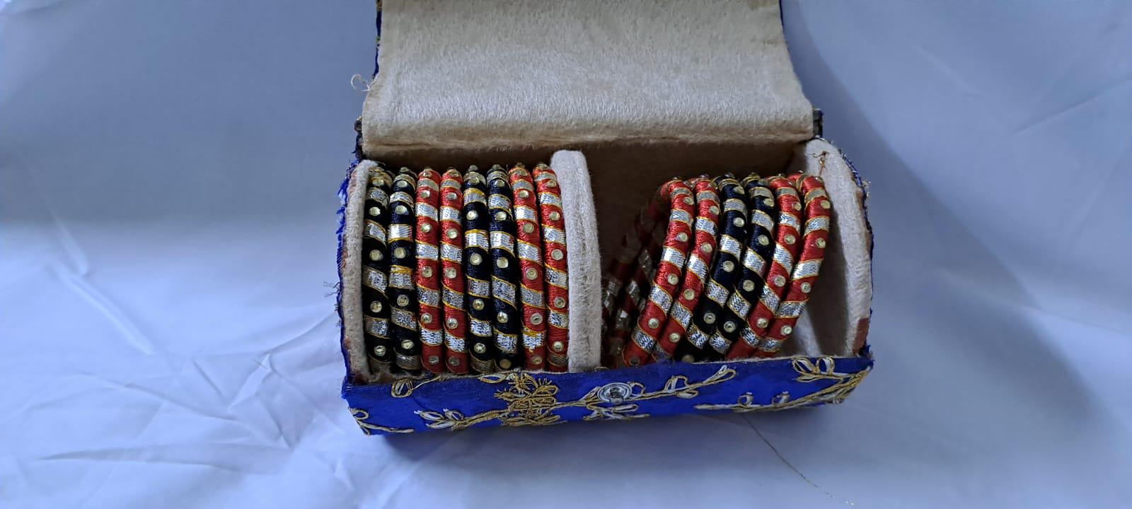 Red and black colour traditional kundan n gotta patti bangles with zari box  (set of 14 bangles)