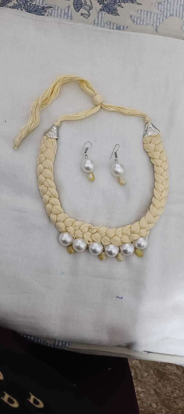 Offwhite braided thread necklace with pearl n pearl danglers