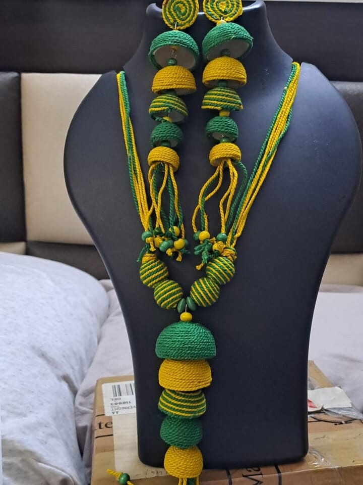 Yellow and Green thread necklace with matching thread earrings.