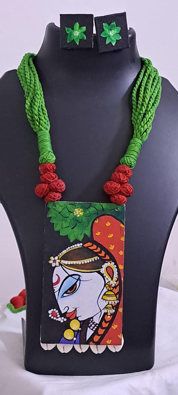 Handpainted fabric jewellery set with matching earrings