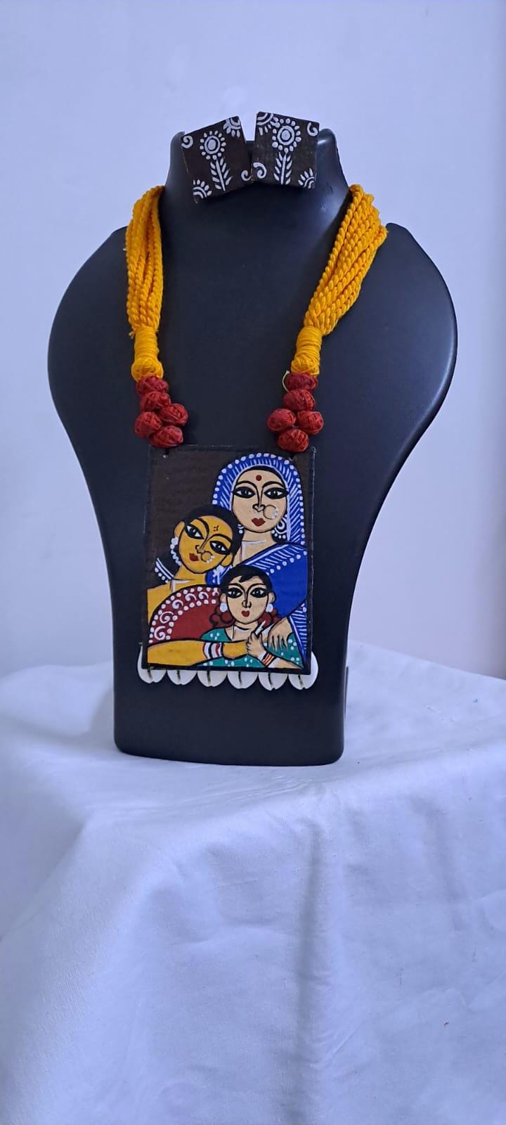 Handpainted fabric necklace set with earrings