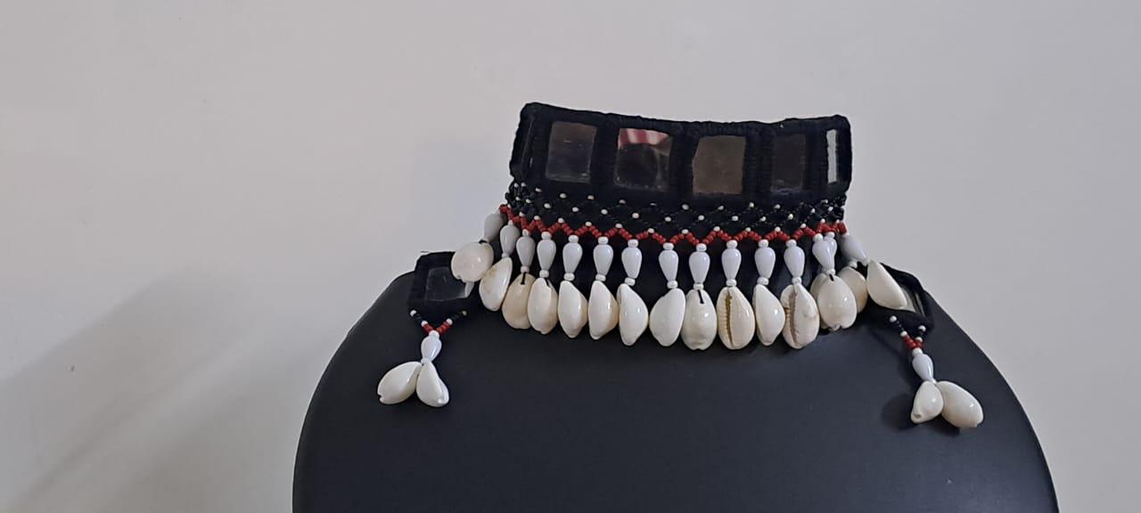 Handmade Kutch Glass work choker necklace with beads n shell fringes and glass work earrings