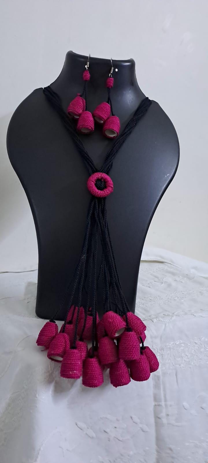 Pink thread necklace with multiple thread aparajita flower fringes n matching earrings