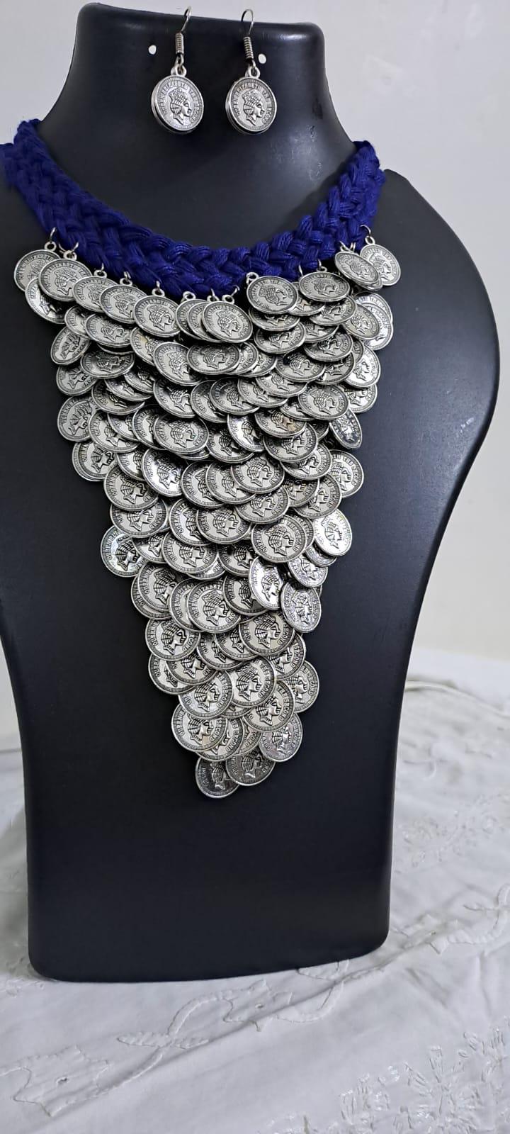 Braided blue choker necklace set with multi layered fringes n matching earrings