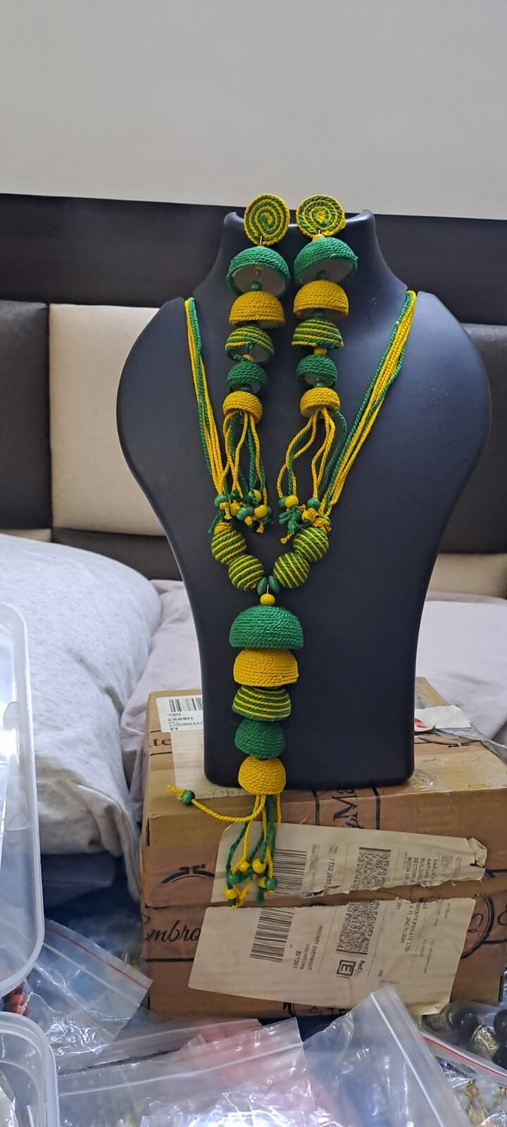Yellow and Green thread necklace with matching thread earrings.