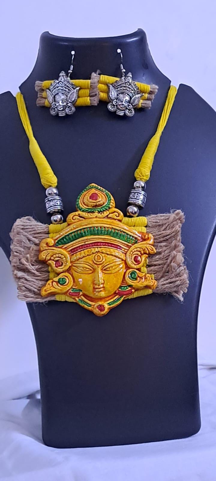 Terracotta Durga pendant jute necklace set with matching earrings