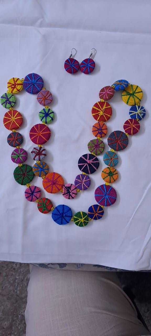 Exclusive multicoloured flat thread beads long necklace set with matching earrings (pink)