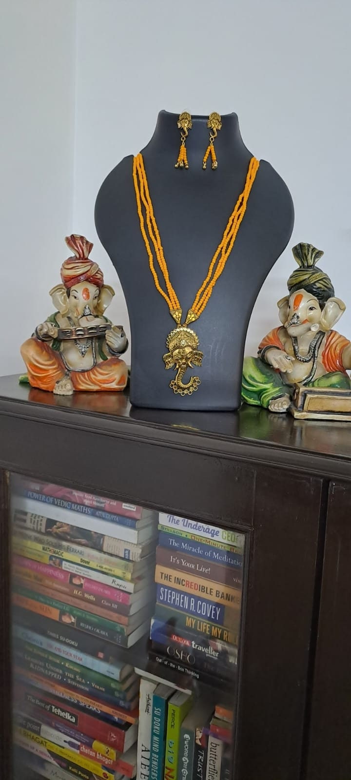 Orange seed beads necklace with Lord Ganesha pendant
