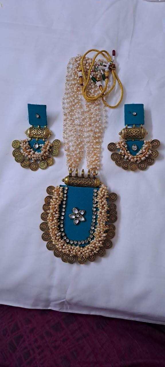 Exclusive Indian traditional blue fabric necklace with laural beads and kundan n matching earrings