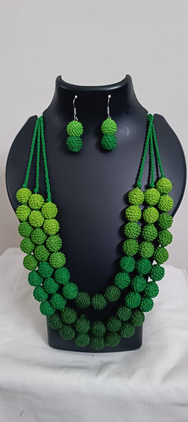 Exclusive 3 layered  green thread beads necklace set with matching earrings