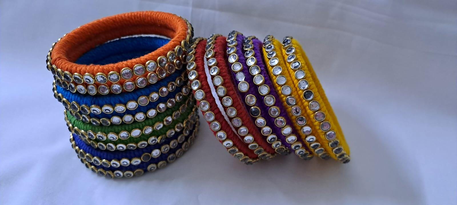 Rainbow colour traditional thread kundan bangles with zari bangle box