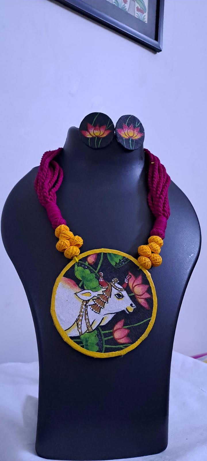 Handpainted fabric jewellery set with matching earrings