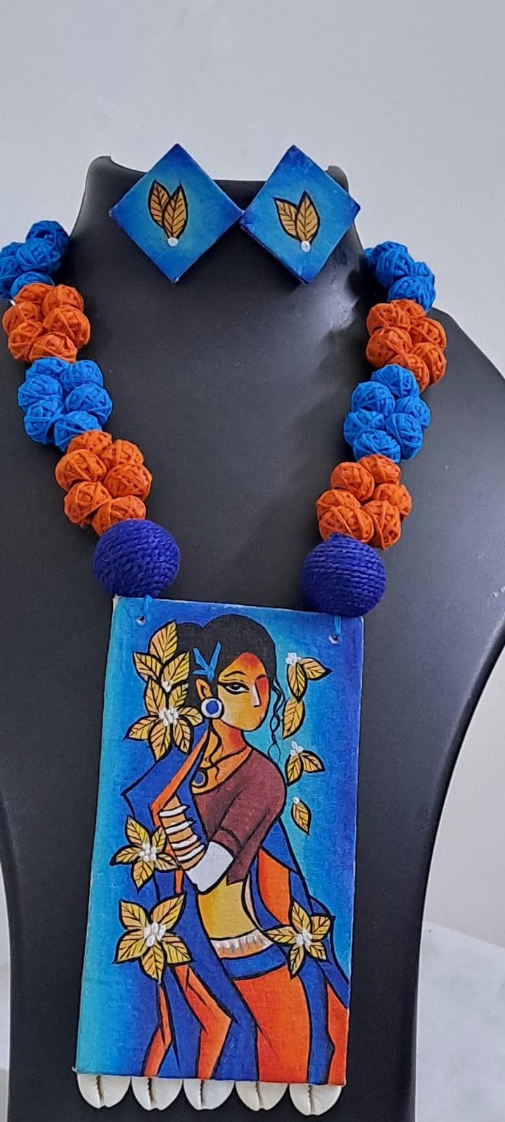 Handpainted fabric necklace set with earrings