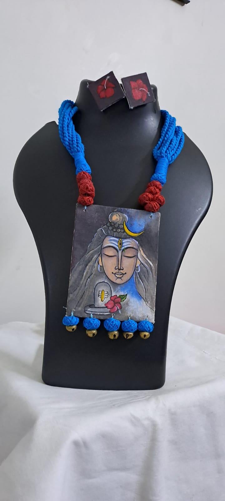 Handpainted fabric jewellery set with matching earrings
