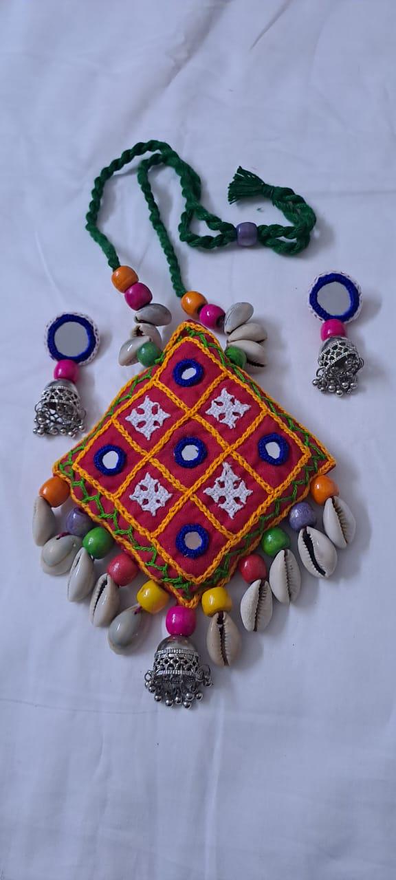 Hand embroidered Kutch Pattern fabric necklace set with matching earrings