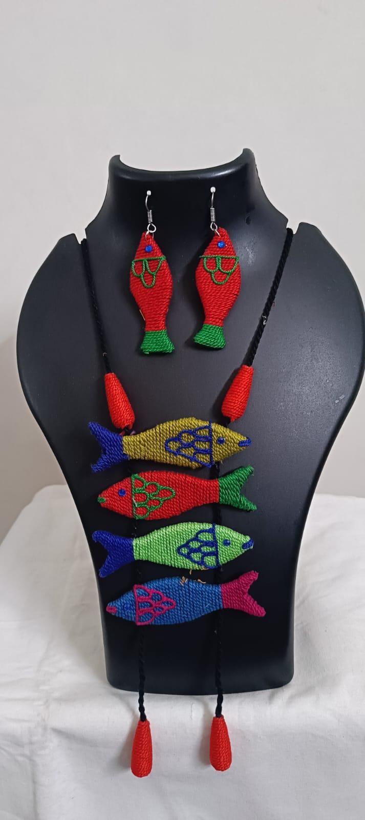 Multi colour crochet thread necklace with fish pendant and matching thread earrings