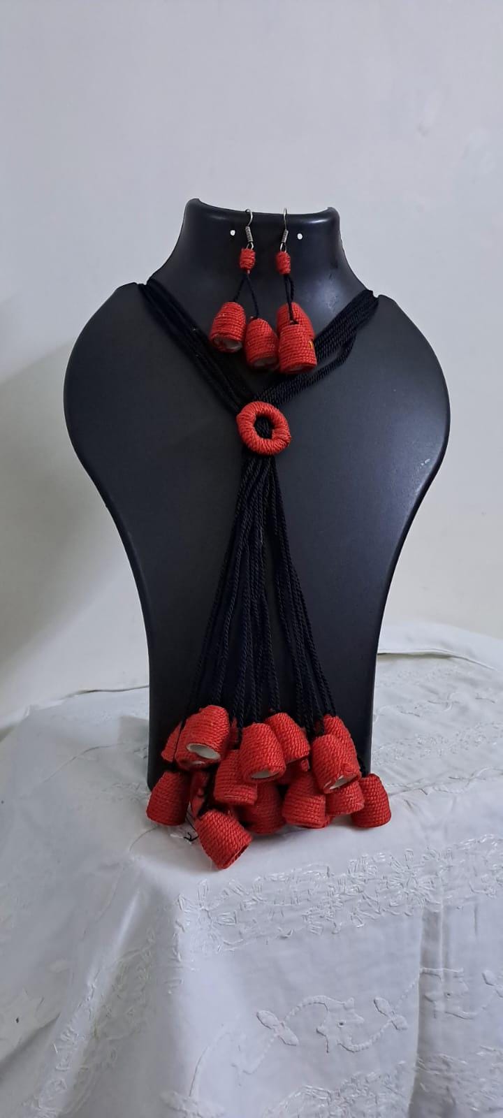 Red thread necklace with multiple thread aparajita flower fringes n matching earrings