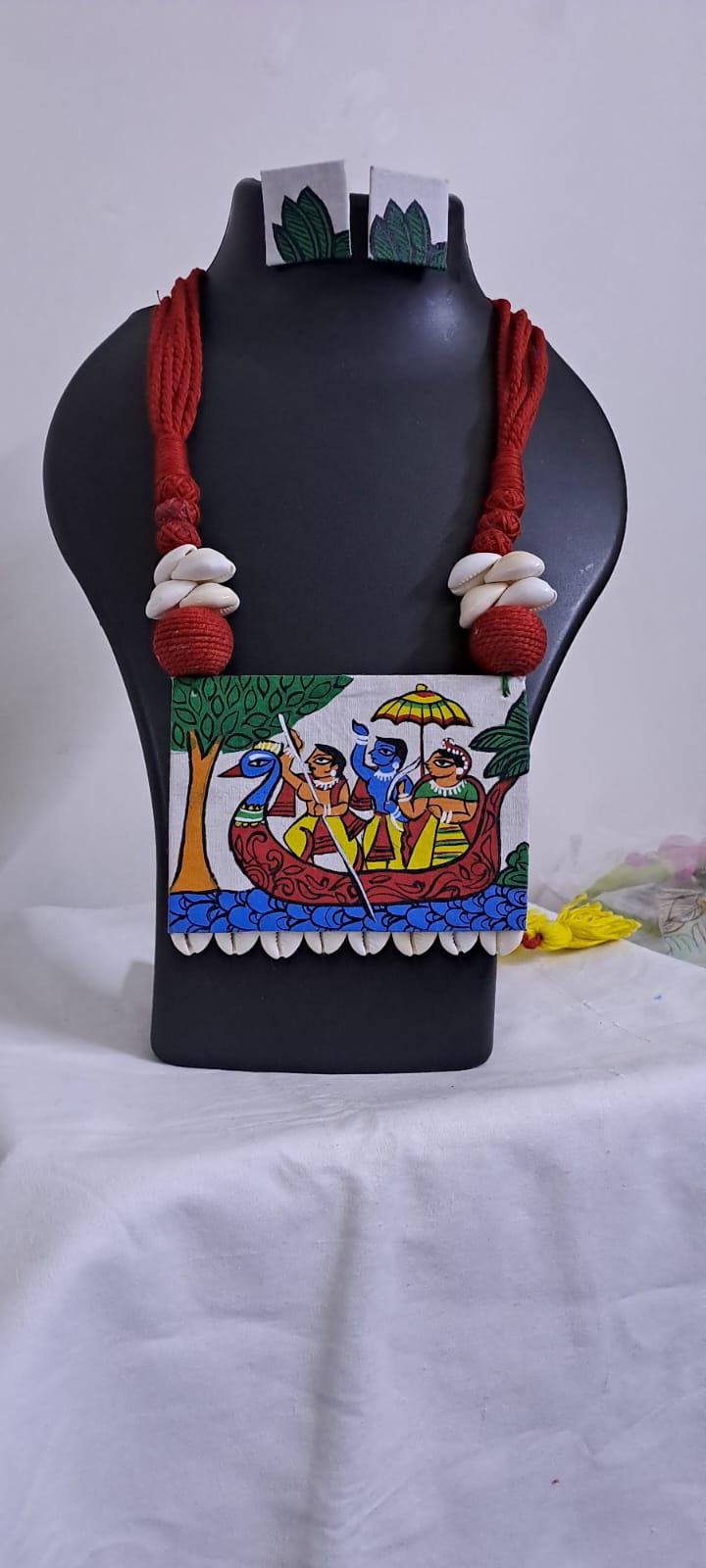 Handpainted fabric necklace set with earrings