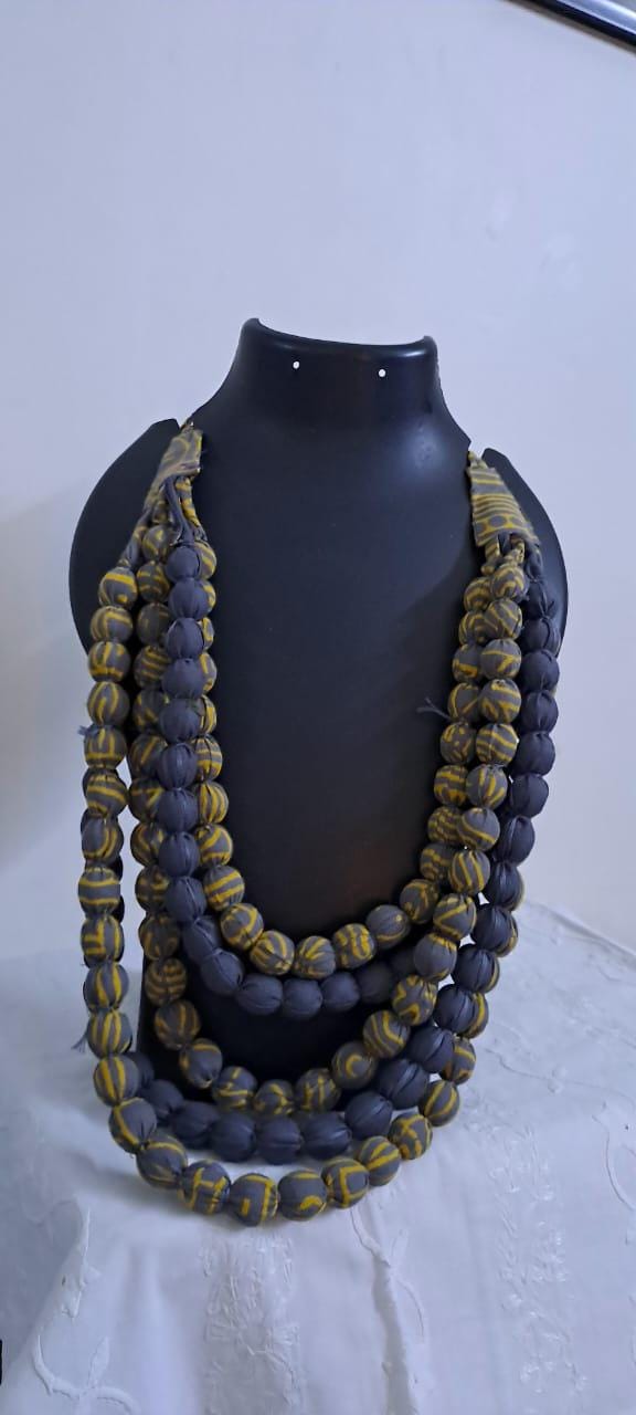 Exclusive multi-layered yellow grey fabric necklace