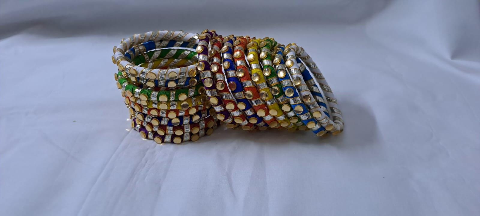 Multi colour traditional zari thread bangles with kundan (set of 16 bangles)