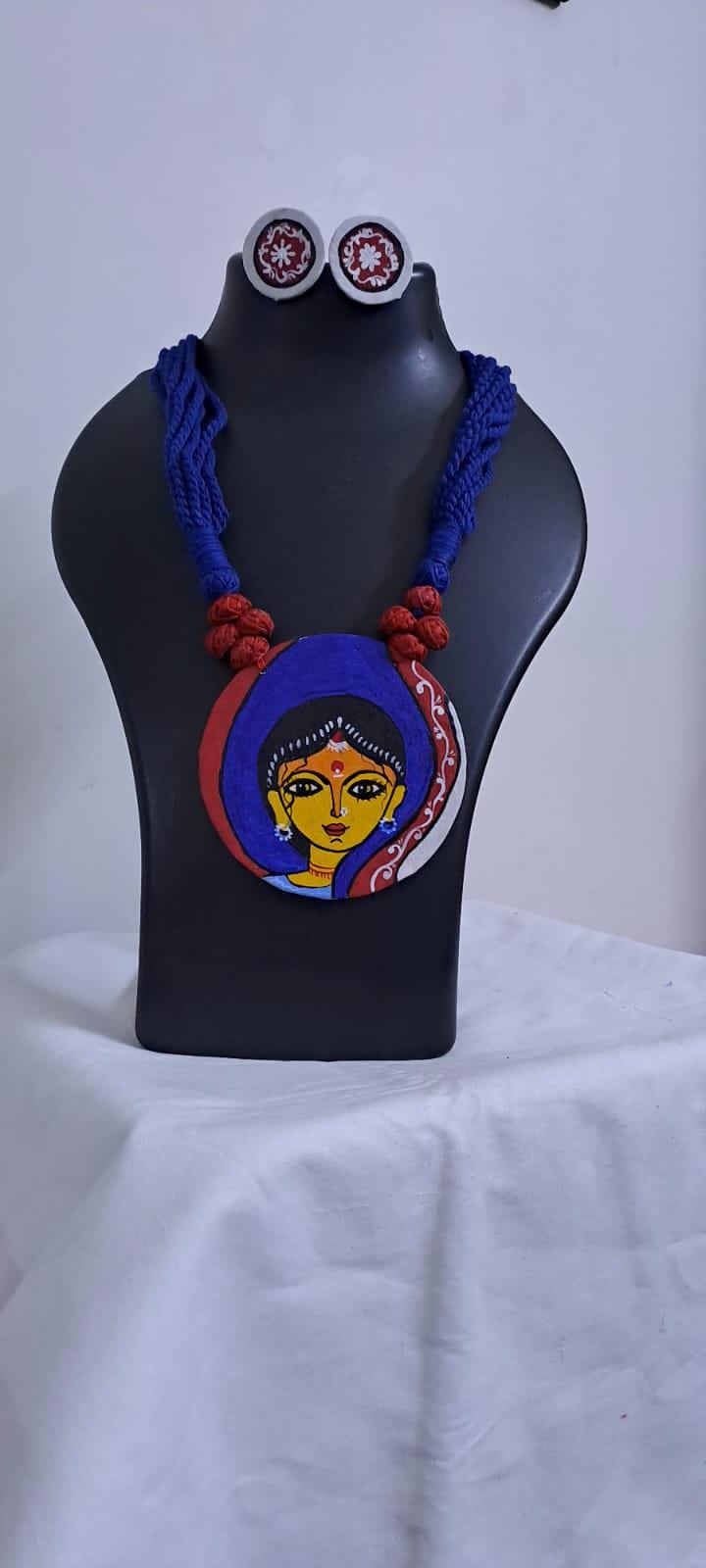 Handpainted fabric necklace set with earrings