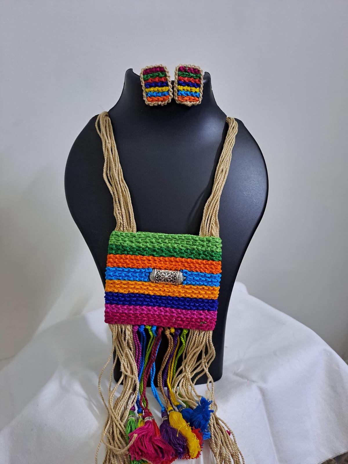 Multi colour crochet thread necklace with thread danglers and matching thread earrings