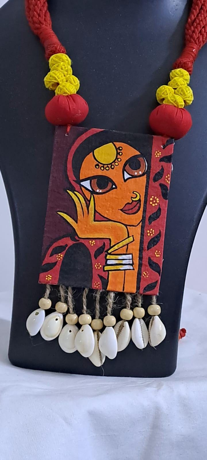 Handpainted fabric necklace set with earrings