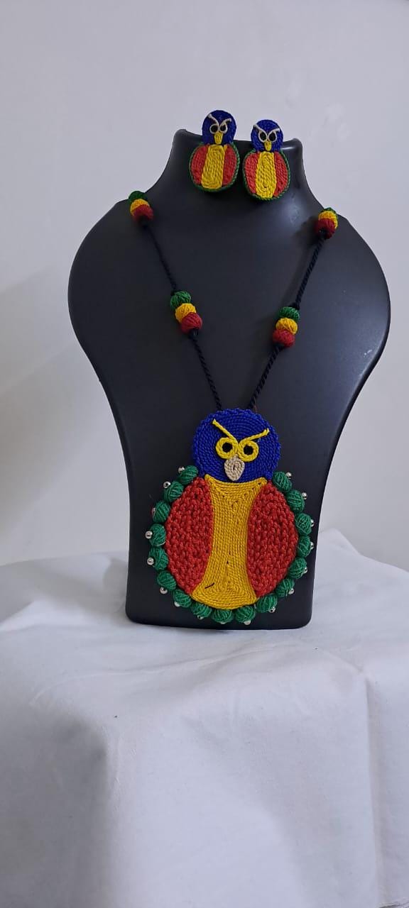 Handmade thread jewellery necklace set with owl pendant and matching earrings