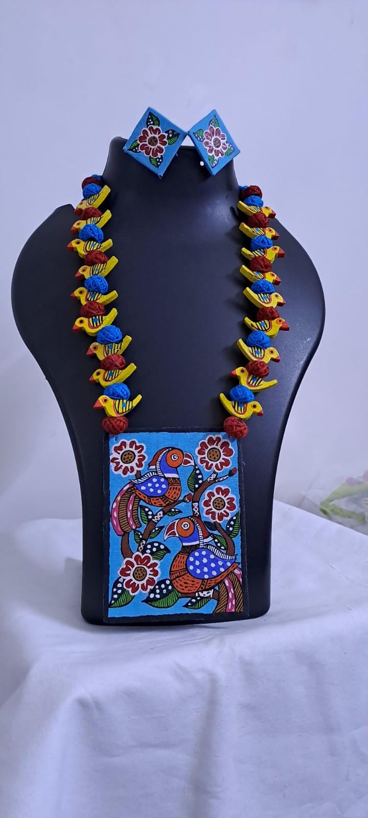 Handpainted fabric necklace set with earrings