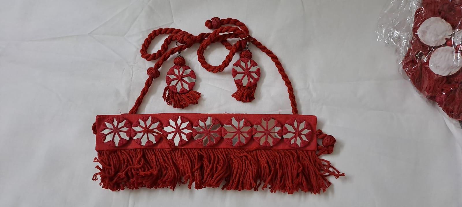 Red thread n Glass work handmade choker necklace with glass work earrings