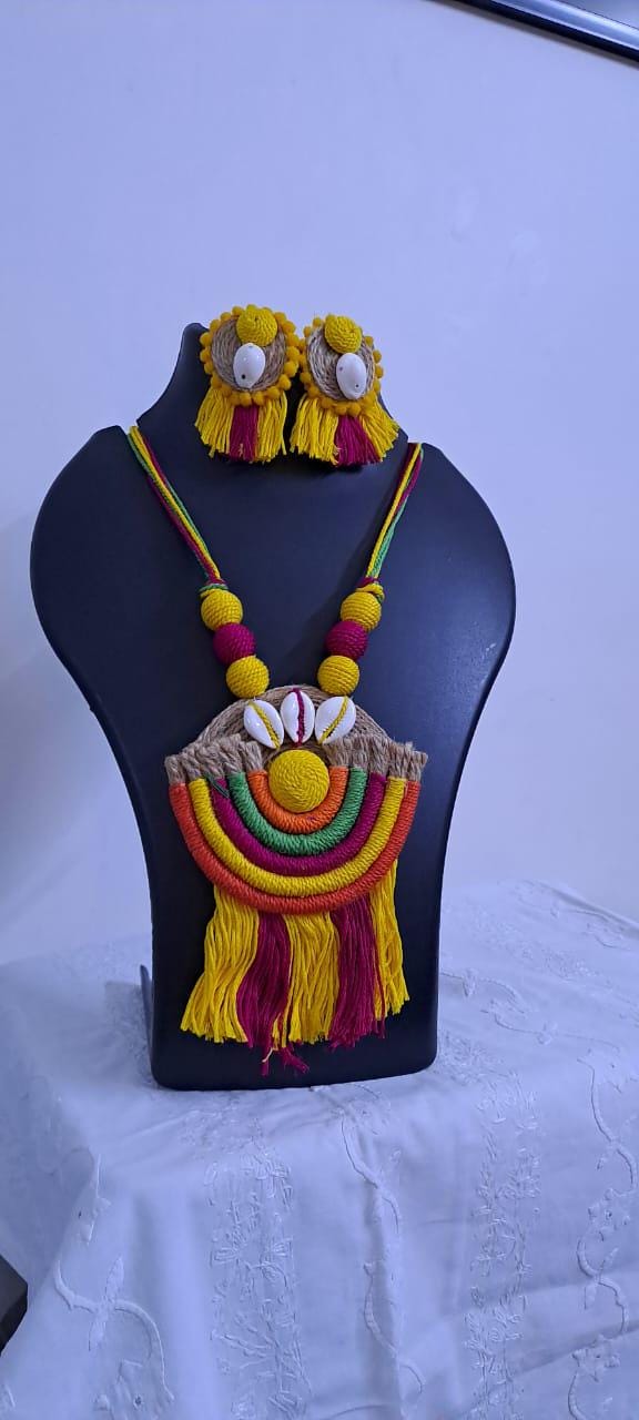 Exclusive multicoloured thread necklace set with jute n thread pendant n matching earrings