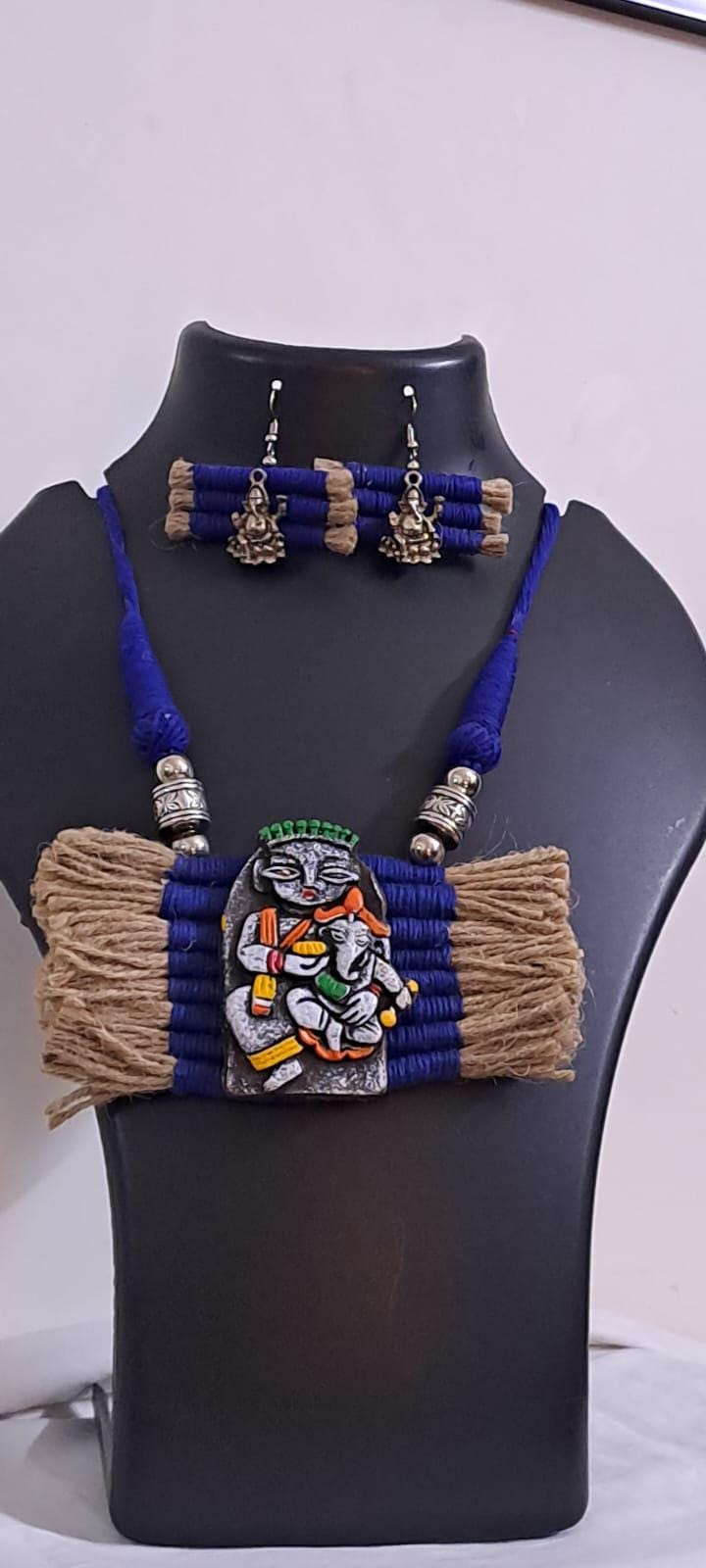 Terracotta Ganesha & Parvati pendant jute necklace set with matching earrings