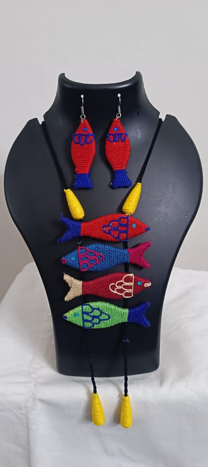 Multi colour crochet thread necklace with fish pendant and matching thread earrings