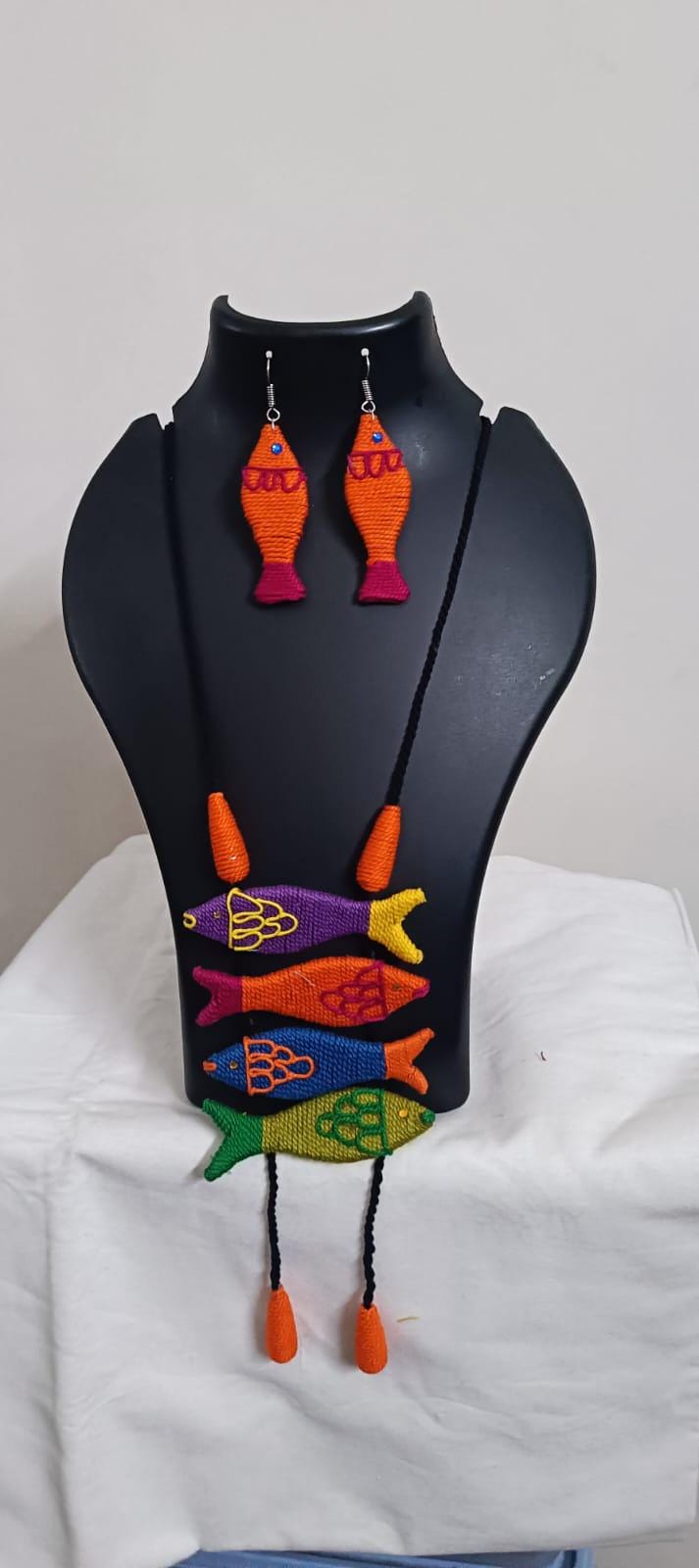 Multi colour crochet thread necklace with fish pendant and matching thread earrings