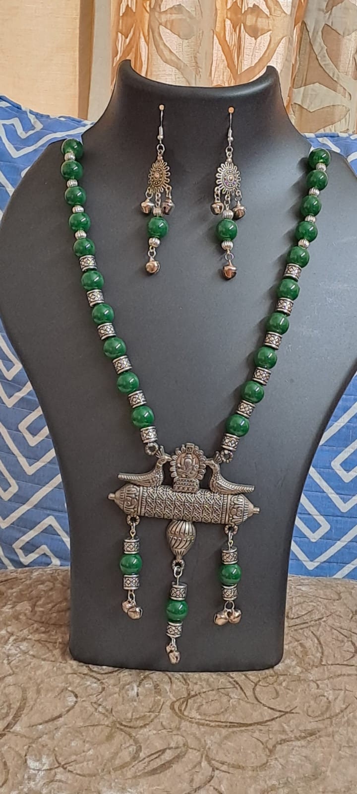 Green glass beads necklace with silver oxidised pendant