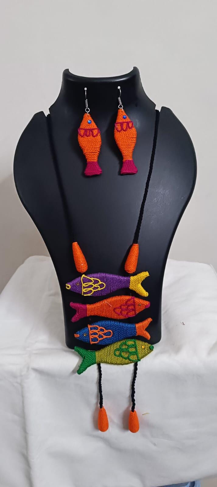 Multi colour crochet thread necklace with fish pendant and matching thread earrings