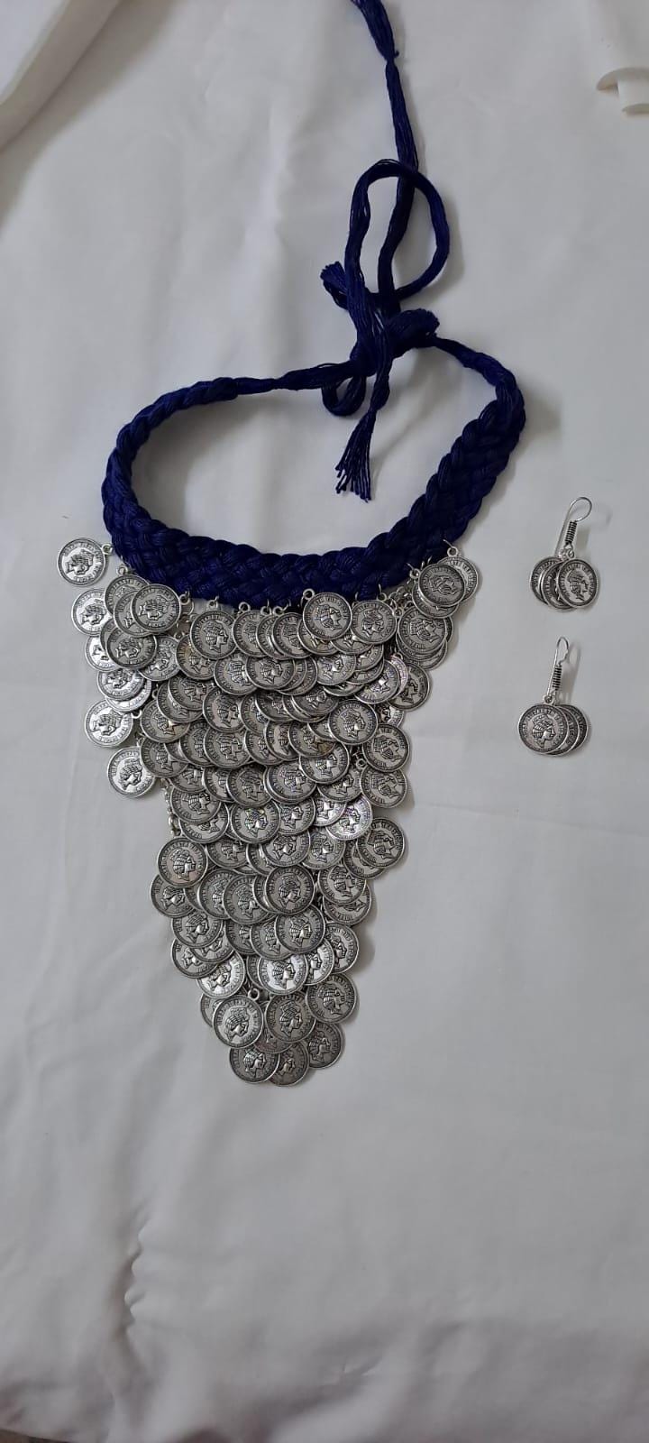 Braided blue choker necklace set with multi layered fringes n matching earrings
