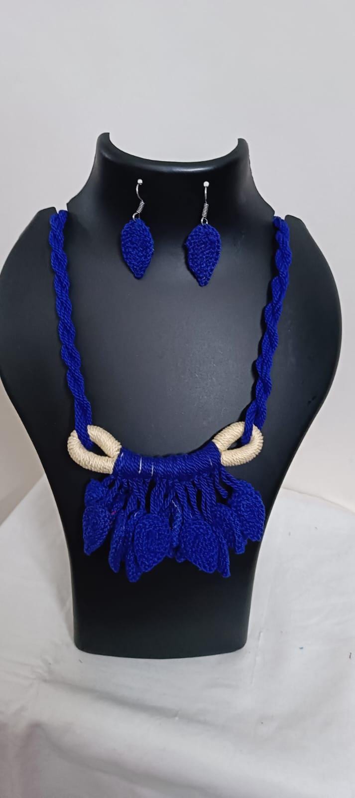 Dark Blue Crochet thread necklace set with leaf fringes and matching earrings