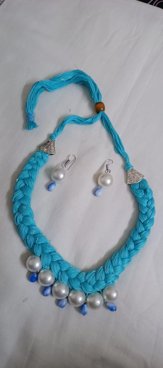 Blue  braided thread necklace with pearl n pearl danglers