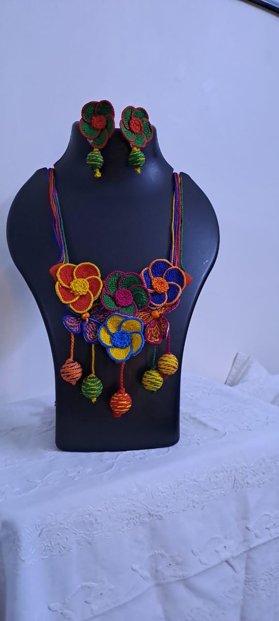 Multi colour flower thread necklace with thread bead fringes and matching earrings