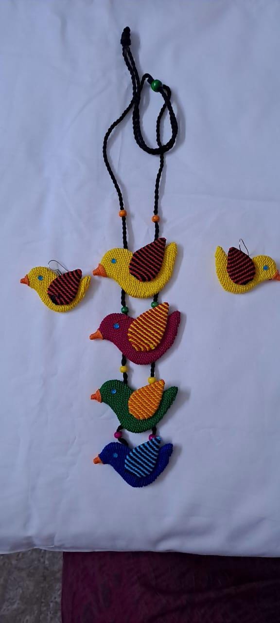 Multi coloured bird necklace and matching earrings