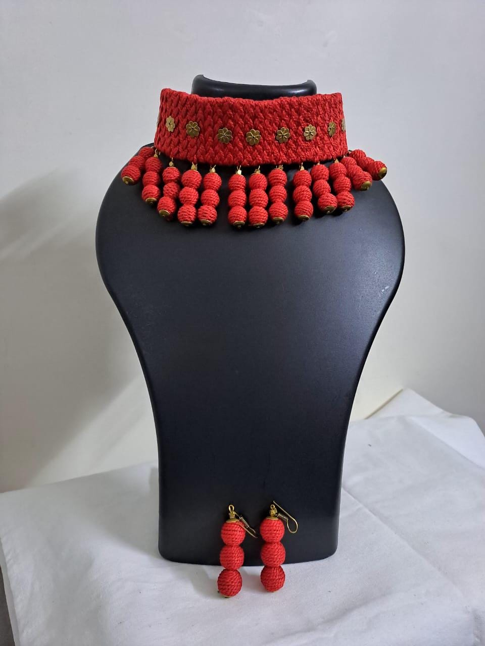 Braided red choker necklace set with fringes n matching earrings