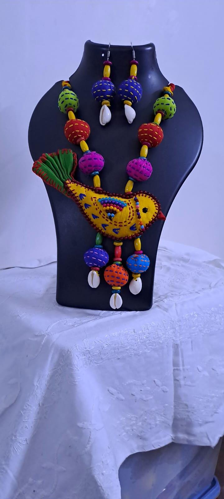 Exclusive fabric necklace with embroidered yellow fabric bird pendant and fabric beads n matching beads
