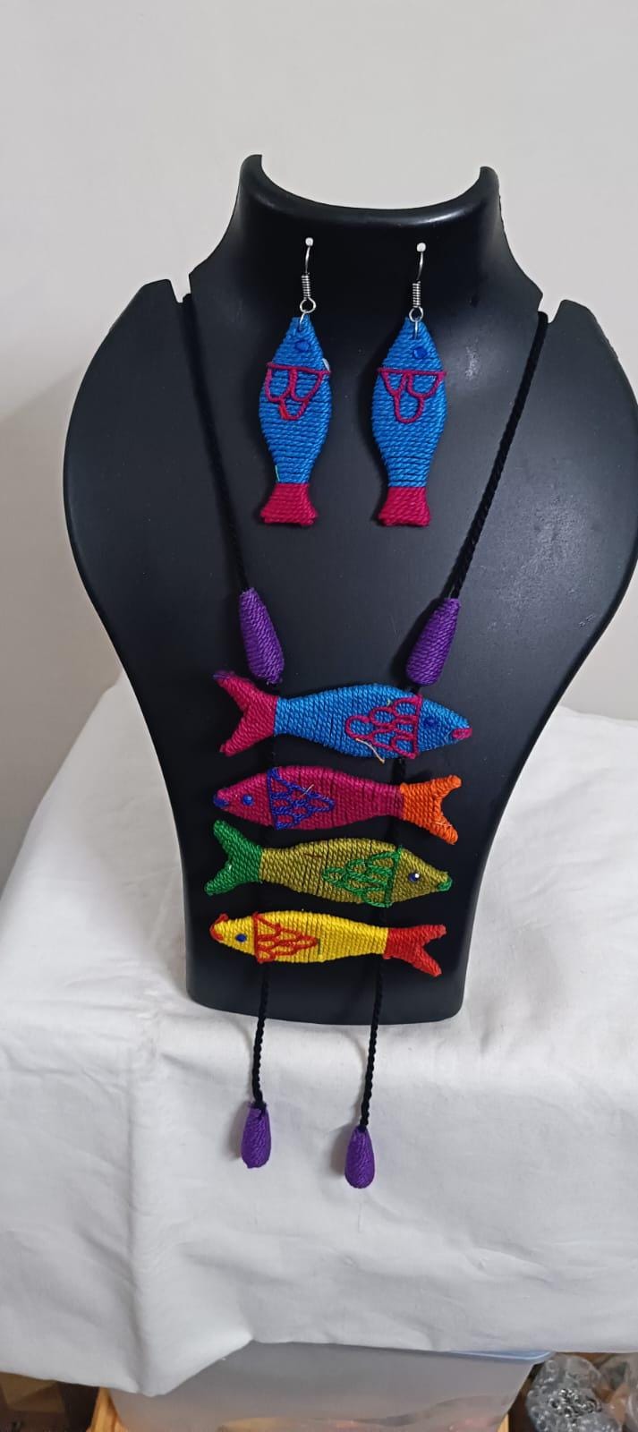 Multi colour crochet thread necklace with fish pendant and matching thread earrings